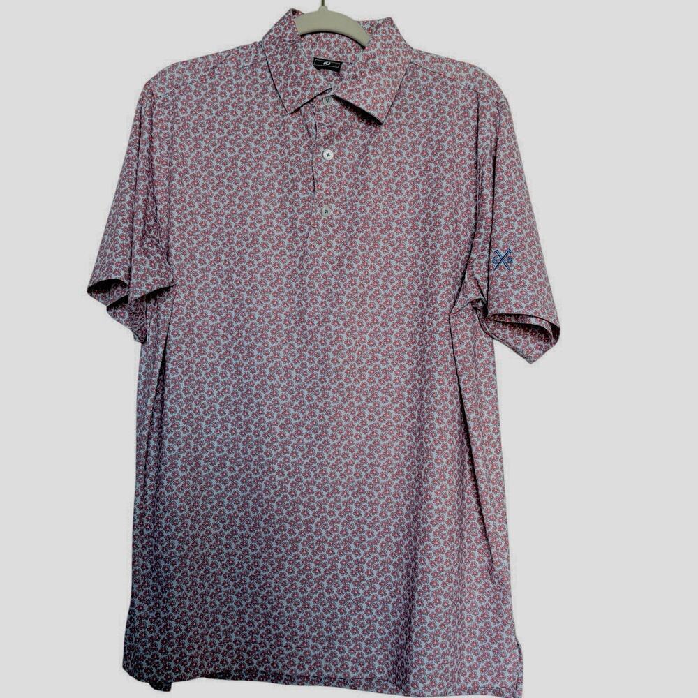 FootJoy Floral Golf Polo White Pink Blue Stretch Mens Medium embroidered sleeve